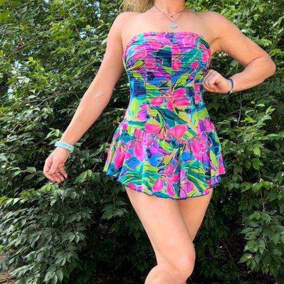 Vintage Catalina neon tropical ruched skirted swimsuit with halter strap size 8 - Picture 1 of 8